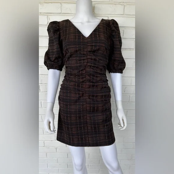 Topshop | Dresses | Topshop Plaid Ruched Dress Puff Sleeve Brown Black Gold  Zipper Womens Size 4 | Poshmark